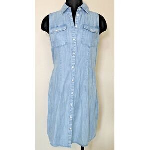 Untuckit For Her Perry Shirt‎ Dress SZ 4 Blue Lyocell Sleeveless Button Up 40619